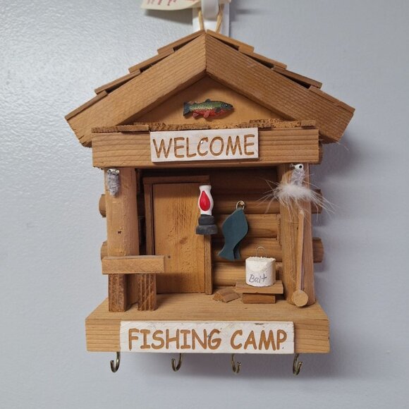 Little Log Fishing Camp Hook Hamging Nebraska Crafted‎ Wood Welcome Fly Lantern - Picture 9 of 13